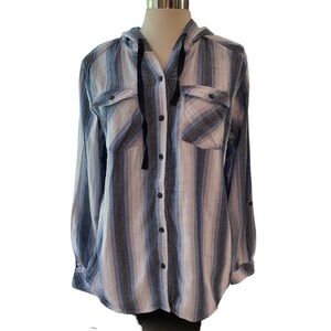 Boston Traders button down shirt drawstring hoodie fully lined stripes Sz large